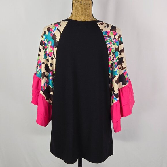 Southern Stitch Boho Ruffle Sleeve Top L‎ Black Cow Print Floral Cactus - Picture 3 of 8